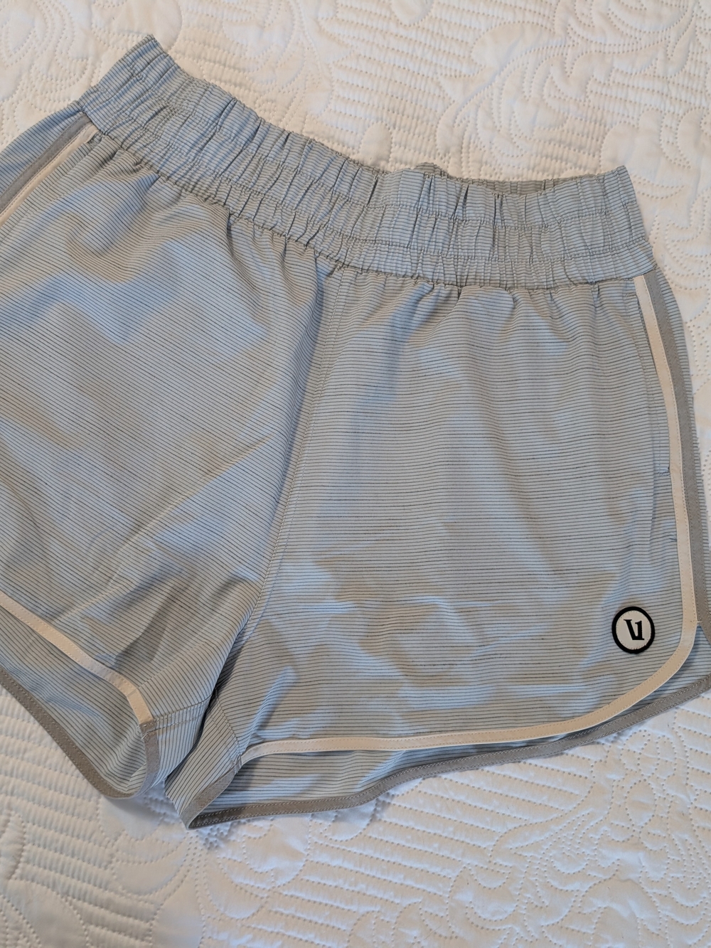 Vuori Pale Blue Striped Athletic Shorts with Contrast Trim